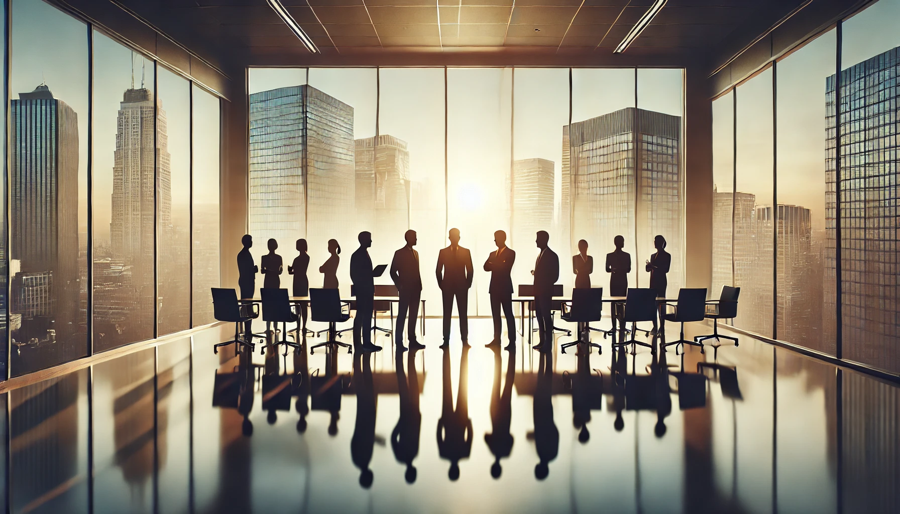 DALL·E-2025-03-25-18.33.56-A-realistic-high-quality-digital-artwork-of-a-silhouetted-group-of-professionals-standing-in-a-modern-corporate-boardroom.-The-background-features-a-